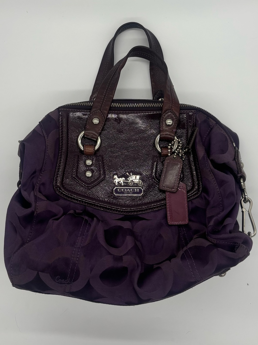 Coach Deep Purple Signature Satchel with Brown Leather Trim